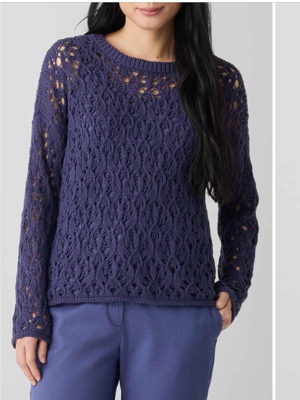 Eileen Fisher Open-Knit Crewneck Sweater in Dusty Blue | XS